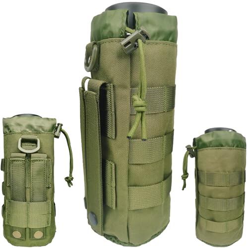 Tactical MOLLE Water Bottle Holder, Upgraded Water Bottle Pouch with Drawstring Open Top & Mesh Bottom, 16/24/25/32oz Water Bottle Carrier Bag with D-Ring Hook for Backpack - color: Green