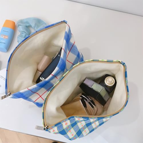 Wudygirl Makeup Bag Canvas Cosmetic Bag for Women Aesthetic Makeup Organizer Travel Makeup Pouch Toiletry Bag Pouches for Purse Cute Zipper Pouch Handbag (Blue White Line) - color: BLWH Line