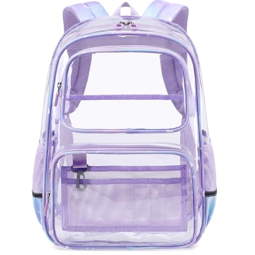 Sisipoet Clear Backpack for Girls with Cherry Blossom Print, Heavy Duty Transparent Bookbag for School, Stadium, and Concert, Purple - color: Purple