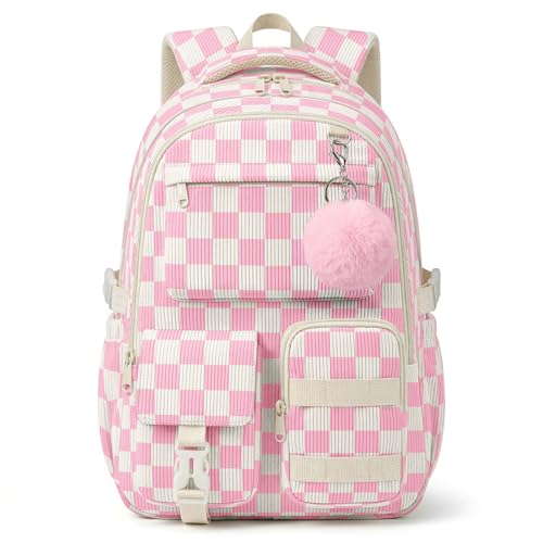 Corduroy Backpack for Teen Girls, Aesthetic Cute Pink Gingham School Backpack with Multi-Pocket, Lightweight Bookbag Fits 15.6 Inch Laptop, Large Capacity Casual Daypack for School Travel - color: Pink Gingham