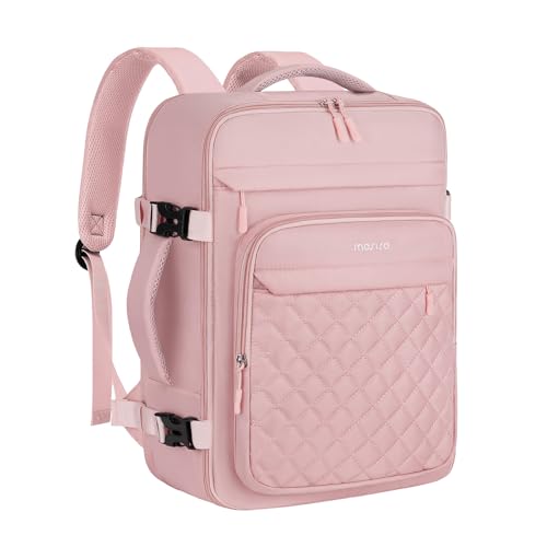 MOSISO Travel Backpack for Women Men, 15-15.6 inch Rhombus Quilted Laptop Backpack Flight Approved with Packing Cubes, 16 inch Carry on Daypack with USB Port for College Work Business, Pink - color: Pink, size: 16 inch