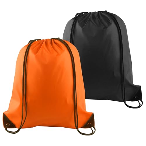 PLULON 2Pcs Drawstring Bags Bulk, Drawstring Backpack Orange Black String Backpack Cinch Sack Sport Gym Backpack Bags for Yoga Traveling Outdoor Sports - color: Black + Orange