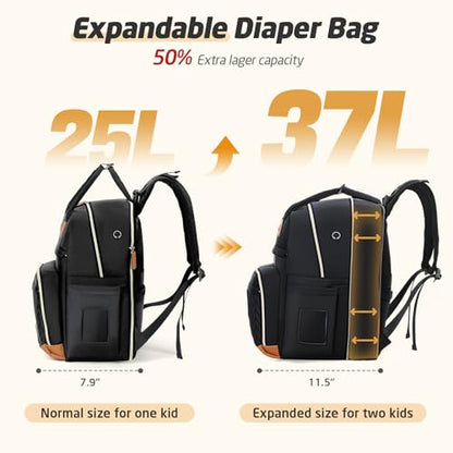 Diaper Bag Backpack - Extra Large Diaper Backpack for 2 Kids Twin, Travel Baby Bags for Mom Dad 25-37L Expandable with Changing Pad, Quilted Pure Black - color: Quilted_pure Black