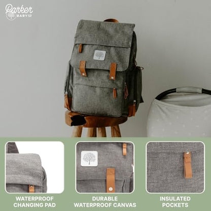 Parker Baby Co. Diaper Backpack - Large Diaper Bag with Insulated Pockets, Stroller Straps and Changing Pad -Birch Bag - Gray - color: Gray