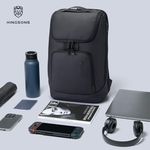 Kingsons Travel Backpack for Men, 19L Black Business Backpack with 15.6 Inch Laptop Compartment, Waterproof Polyester College Bookbag, Luggage Sleeve for Travel & Work - color: Ks24001-1