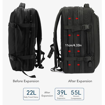 Expandable Travel Backpack, USB Charging Port Water Proof Large Capacity Carry on Backpack with Multiple Pockets Dry Wet Separation, for Outdoor Business Trip 22L 39L 55L