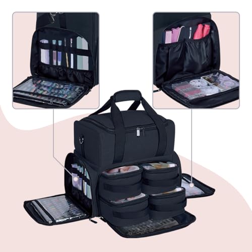 Large Cosmetic Bag with 4 Removable Case and 2 Removable Dividers Double Layer Travel Storage Organizer, Makeup Brushes Storage Section Black - color: Black 22