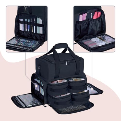 Large Cosmetic Bag with 4 Removable Case and 2 Removable Dividers Double Layer Travel Storage Organizer, Makeup Brushes Storage Section Black - color: Black 22