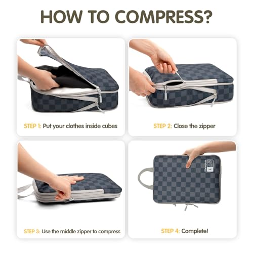 8 Set Compression Packing Cubes for Travel, Lightweight Dual Zipper Packing Cubes, Space-Saving Suitcase Organizer for Travel/Business Trip/Family Vacation (Blue-Gray Checkered) - color: 8 Set Blue-Gray Checkered