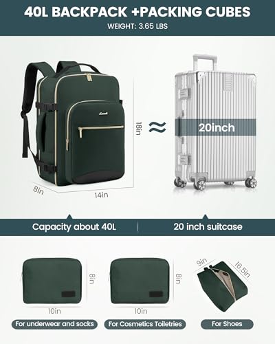 LOVEVOOK 40L Travel Backpack Flight Approved Carry on Backpack,3 Packing Cubes,Waterproof Personal Item Travel Bag,TSA Carry on Luggage Suitcase Travel Essentials,Gifts for Women & Men,fits 17" Laptop - color: Dark Green-black-1, size: Large-40L-4Pcs