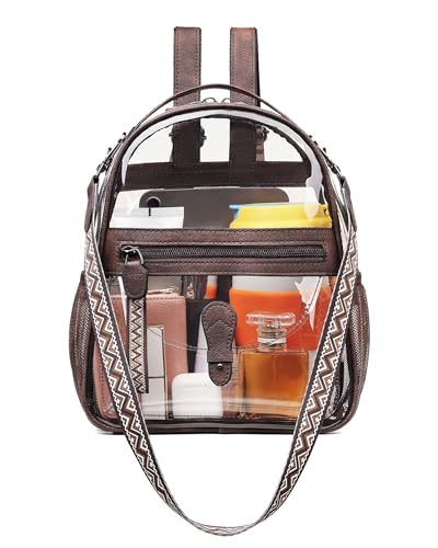 FADEON Clear Small Backpack Purse for Women, Designer Transparent Shoulder Handbag, PVC Mini Clear Bag for Stadium Approved - color: Coffee Brown Retro Style