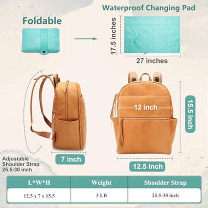 MOMINSIDE Diaper Bag Backpack Leather Diaper Bag with 6 Insulated Pockets, Baby Bag for Mom Dad, Baby Registry, Changing Pad, Stroller Straps,Diaper Backpack Diaper Bag Leather(Biscuit) - color: Biscuit