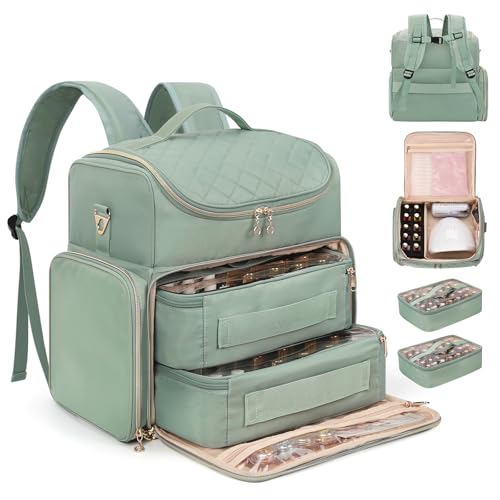 Extra Large Nail Polish Organizer Backpack, Holds 86 to 100+ Bottles & Full Size Lamp, Travel Nail Organizers and Storage Bag with 2 Removable Pouches, Portable Nail Supplies Case for Nail Tech Kit - color: Rhombus Green Backpack