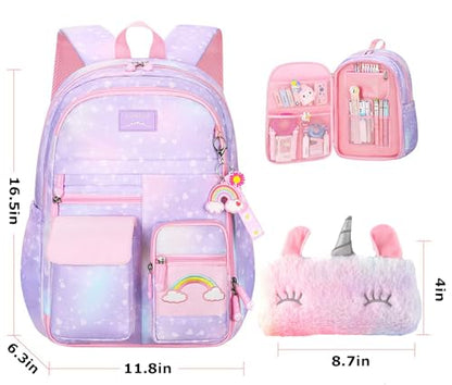 Girls Gradient Rainbow Backpack,Cute Student School Backpack With Pen Bag,Starry Rainbow Laptop Travel Bag-Purple - color: Gradient Purple