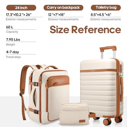 UKEIN Luggage Sets 3 Piece, PC Hardside Large Luggage 24Inch With Spinner Wheels with TSA Lock, Carry On Suitcase Set With Travel Backpack for Men (Beige, 3 piece set (24inch)) - color: Beige, size: 3 piece set (24inch)