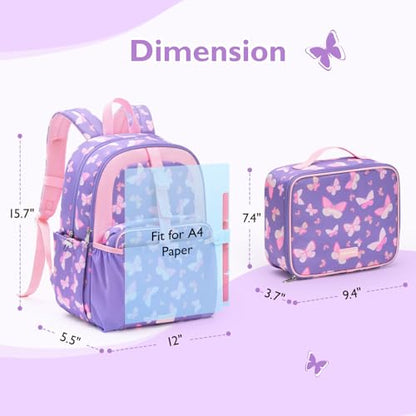 mommore Kids Backpack for Boys Girls 4-8 Kindergarten Elementary School Backpack with Lunch Box - 15” H Fit Folder - color: Purple Butterfly, style: 2 Pcs