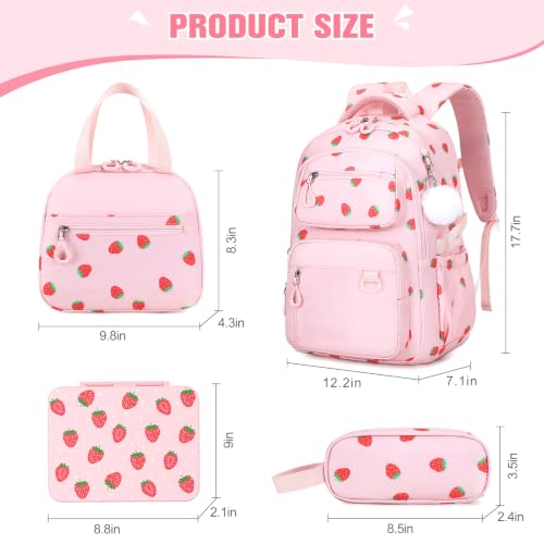 Bevalsa Backpack for Girls, School Bookbag Teen Girls Backpack Set with Bento Lunch Box, Insulated Bag & Pencial Case, 43oz Lunch Containers for Kids Elementary Middle Student (Pink Strawberry) - color: Pink Strawberry