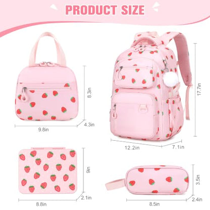 Bevalsa Backpack for Girls, School Bookbag Teen Girls Backpack Set with Bento Lunch Box, Insulated Bag & Pencial Case, 43oz Lunch Containers for Kids Elementary Middle Student (Pink Strawberry) - color: Pink Strawberry