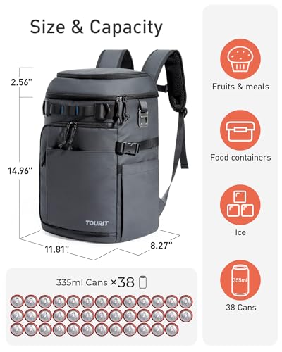 TOURIT Cooler Backpack 32 Cans Large Capacity Insulated Backpack Cooler Bag for Men Women to Picnic, Hiking - color: Grey
