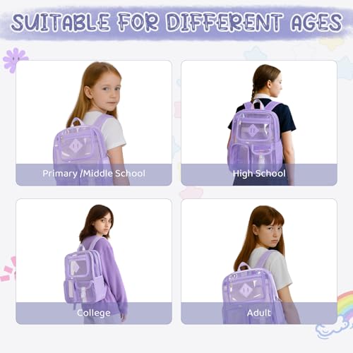 Clear Backpack for Stadium Events, Large Heavy Duty PVC Transparent Backpacks for Girls Women, See Through Backpack for School, Purple