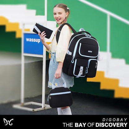 DIGOBAY Backpacks for Girls, 3PCS School Backpack with Lunch Box Pencil Pouch for Teen Girls Kids Elementary Primary Middle High College Travel School bag Bookbag Set （Black Blue） - color: Black Blue