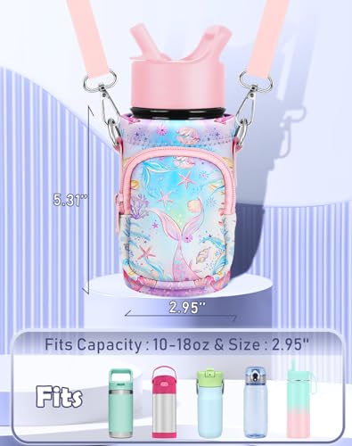 Miss Adola Water Bottle Carrier with Strap - Insulated Kids Water Bottle Holder for Boys Girls Bottle Bag for 10-18Oz - color: Pink Fishtail