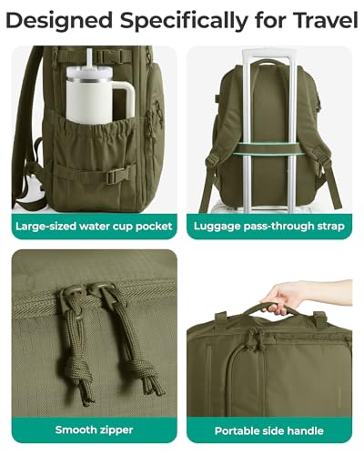 BAGSMART Travel Backpack for Women & Men 17.3 inch Laptop, Flight Approved Carry on Backpack with Shoe bag & 2 Packing Cubes, Water-Resistant Large Business Travel Bag, Weekender Bag - Olive green - color: Olive Green