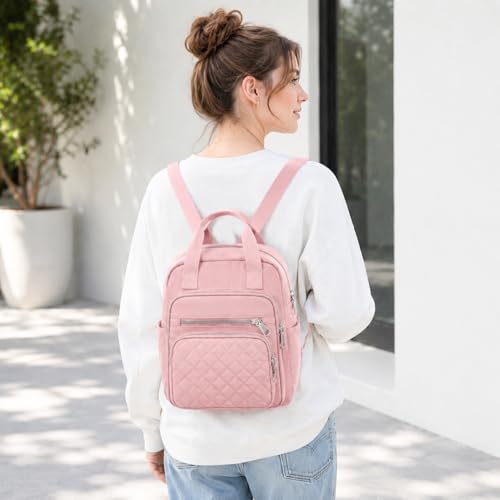 Small Backpack for Women Casual Quilted Square Bag Waterproof Multi Pockets Daypack Lightweight Top Handle Satchel - color: Pink