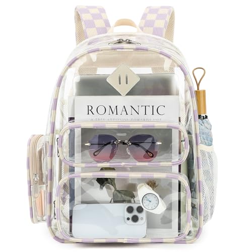 Clear Backpack for School, Girls Boys Transparent Bookbag Women See Through Backpack for Travel Security College Concert (Corduroy Checkered Purple) - color: Corduroy Checkered Purple