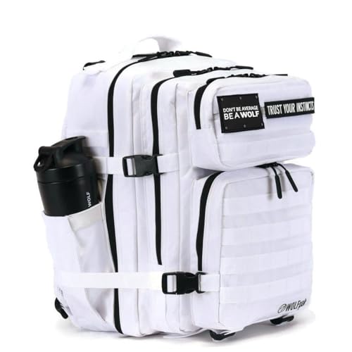 WOLFpak 35L Tactical Gym Backpack (Polar White) Durable 1000D Waterproof Oxford Material with MOLLE Webbing, Laptop Pocket & Dual Cup Holders, Durable Fitness/Travel/Military Daypack - color: Polar White