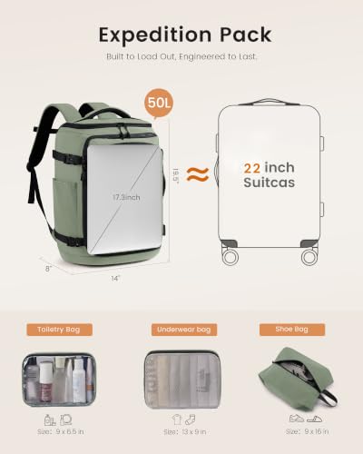 LOVEVOOK Travel Backpack for Women Men, 50L Large Capacity Travel Bag - color: Sage Green‑black, size: 50L-4Pcs
