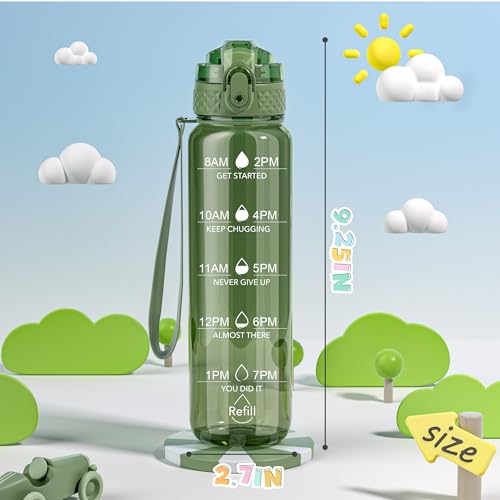 OLDLEY 17oz Kids Water Bottle, Tritan BPA-Free, Leakproof Flip Straw Lid, Motivational Time Marker, Carry Strap, Reusable Clear Water Bottle for Boys & Girls,Jade - color: Jade, style: 17 Ounces