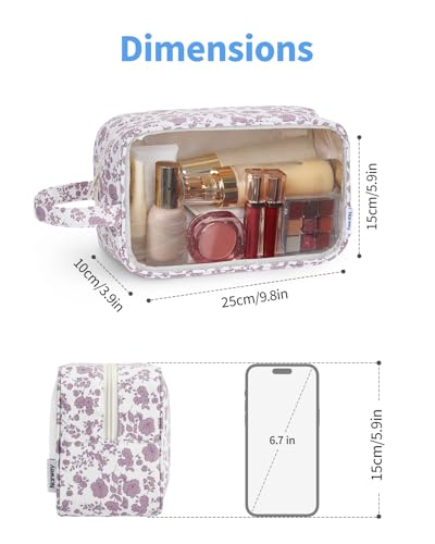 Narwey Clear Toiletry Bags for Traveling Women Men, Clear Travel Bags for Toiletries Makeup Bag Cosmetic Bag with Zipper, Make Up Organizer, Skincare Bag (Dusty Pink Flower) - color: X-Dusty Pink Flower