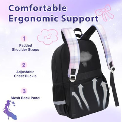 Alrisg Girls School Backpack Preppy Plaid Bookbag Lightweight Backpack for Girls Elementary Middle School Bow Black Set - color: Black, size: 17in Set