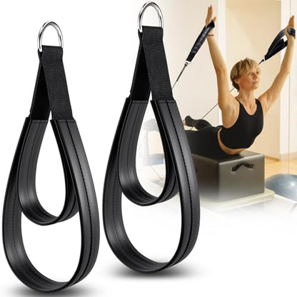 TOBWOLF Pilates Straps - Double Loop D-Ring Straps for Reformer, Padded, Home Gym Workout - color: Black (Upgraded Material PU Leather)
