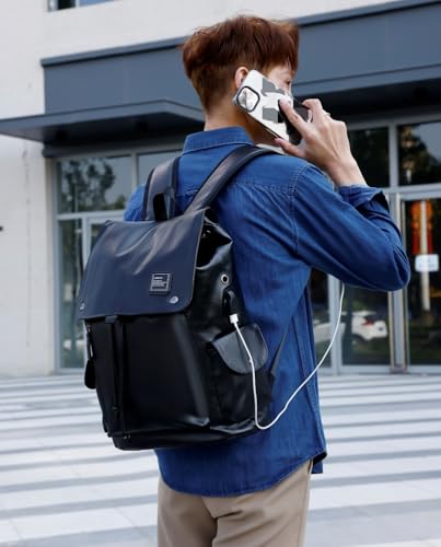 Soft leather backpack, casual PU backpack men women. USB charging port. Suitable for work, commuting, traveling, etc. Waterproof. (Black) - color: Black