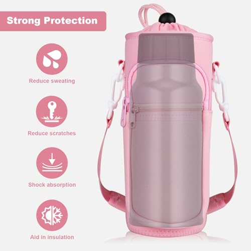 Water Bottle Holder with Strap, Water Bottle Carrier Bag with Phone Pocket, Shoulder Hand Strap Insulated Neoprene 32/40 oz Water Bottle Sleeve for Walking Hiking Camping Gym - color: 4 PINK, size: under 32oz
