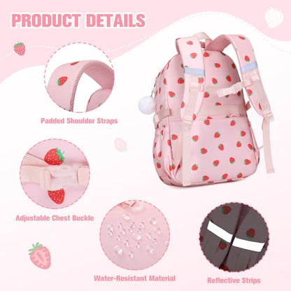 Bevalsa Backpack for Girls 3PCS Teen Girls Pink Backpack for School with Lunch Bag Pencil Case Cute Kids Laptop Backpacks Bookbag for Elementary Middle High School College Student (Strawberry) - color: Pink Strawberry