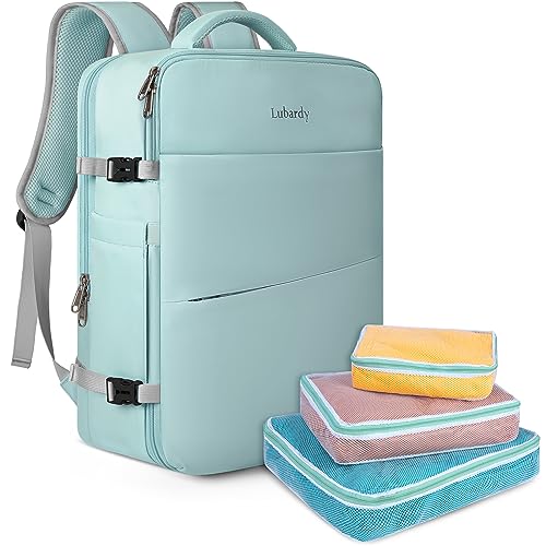 Lubardy Travel Backpack for Men Women 17 Inch Flight Approved Carry on Backpack Waterproof Large 40L Luggage Daypack Business College Weekender Overnight Laptop Backpack with 3 Packing Cubes, Green - color: Green(backpack With 3 Packing Cubes)