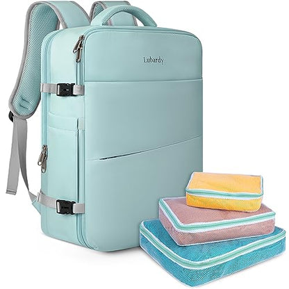 Lubardy Travel Backpack for Men Women 17 Inch Flight Approved Carry on Backpack Waterproof Large 40L Luggage Daypack Business College Weekender Overnight Laptop Backpack with 3 Packing Cubes, Green - color: Green(backpack With 3 Packing Cubes)