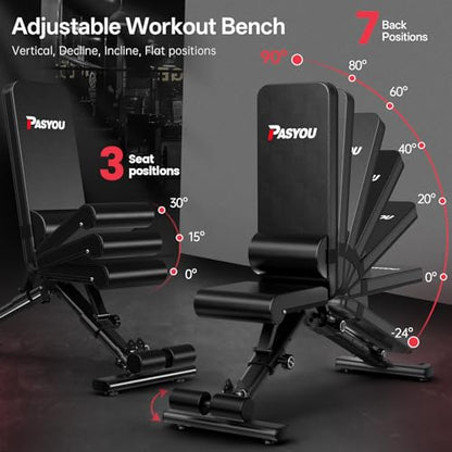 PASYOU Adjustable Weight Bench, 880 lb Capacity - Weight Bench Foldable, Incline Decline Flat Press Bench, with Lumbar Support, Compact Weight Benches for Home Gym, Suitable for Small Spaces
