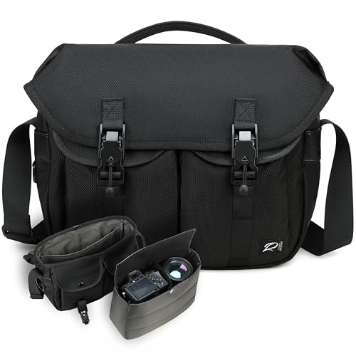 Padwa Lifestyle Black Camera Bag - Nylon Flap Camera Photography Bag with Removable Lining for Single Shoulder & Crossbody and Hand Carry,Weather Resistant Casual Camera Bag for Cameras & Drone - color: Black Ballistic Nylon, style: Modern Understated
