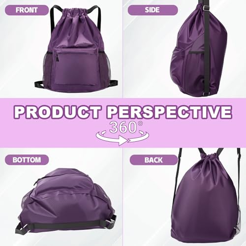 Tygelluis Drawstring Backpack, Waterproof Gym Bag with Water Bottle Pocket for Women Men, Pull String Sport Bag for Swim, Soccer and Basketball,Purple - color: Purple1