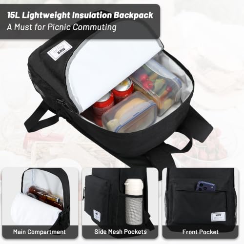MIER Insulated Backpack Cooler Small Leakproof Lightweight Cute for Women Men to Work, Picnics, Camping, Park Day Trips, 15 L - color: Black