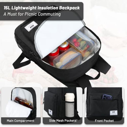 MIER Insulated Backpack Cooler Small Leakproof Lightweight Cute for Women Men to Work, Picnics, Camping, Park Day Trips, 15 L - color: Black