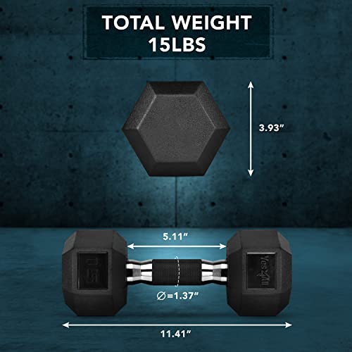 Yes4All Rubber Grip Encased Hex Dumbbell – Hand Weights With Anti-Slip 5-50 LBS Single - color: C. 15 Pounds