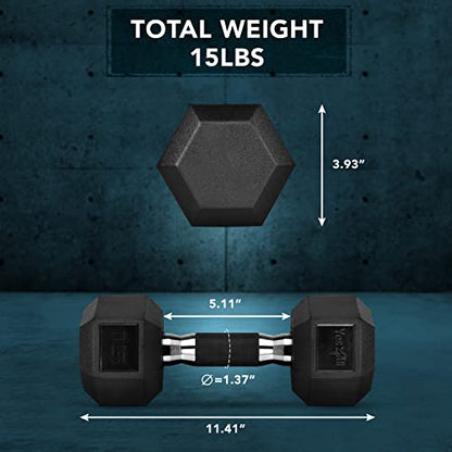 Yes4All Rubber Grip Encased Hex Dumbbell – Hand Weights With Anti-Slip 5-50 LBS Single - color: C. 15 Pounds