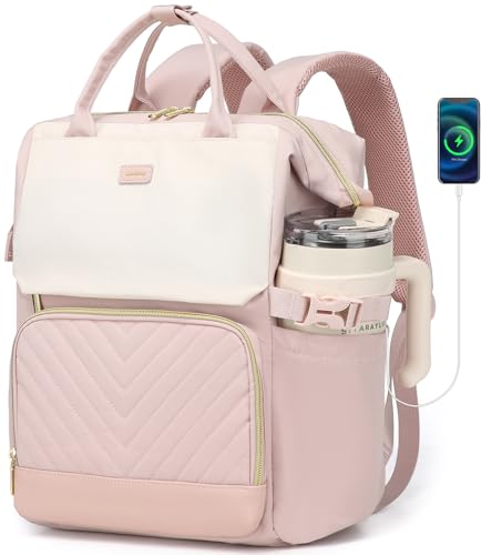 Large Bookbag for Women Laptop Backpack, Teacher Nurse Work Computer Bags with Cup Holder & USB Charger for Travel, School Bag College Back Pack for Girls, Beige Pink - color: Beige Pink, size: 17.3in
