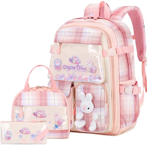 FIXITOK Girls Backpack Set, 3PCS Kids Backpack for Girls, Kawaii Bunny School Backpacks for Girl Kindergarten Elementary Preschool Middle School Bags with Lunch Box Pencil Case Pink-Plaid - color: Pink-plaid