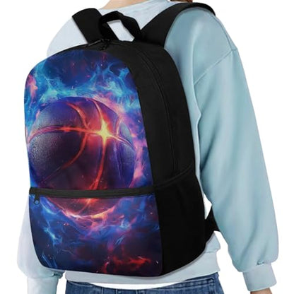 Fire Basketball Backpack for School Boys Backpack with Lunch Box Water Bottle Carrier with Strap and Soft Pencil Case 4PCS Set Bookbag with Front Pocket 17 inch Sturdy School Bag for Kids - color: Fire Basketball-1